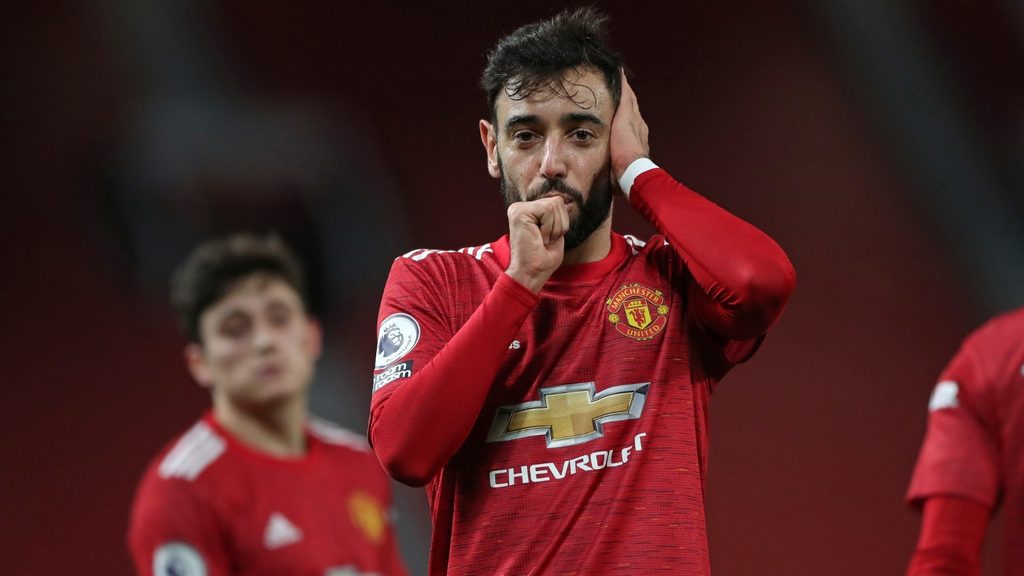 Manchester United's Bruno Fernandes celebrates a goal in a Premier League match at Old Trafford